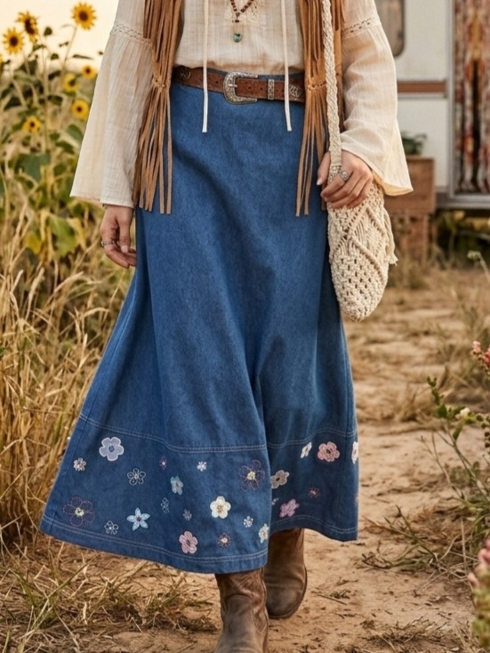 Koret City Blues Denim Maxi Skirt with Pastel Floral Embroidery Boho Vtg Sz M